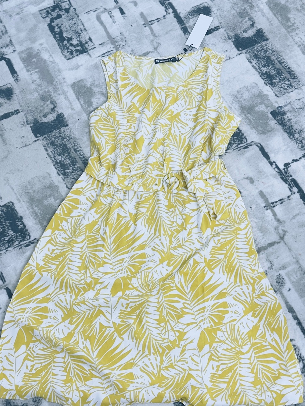 Allegra K Yellow & White Tropical Print Midi Dress